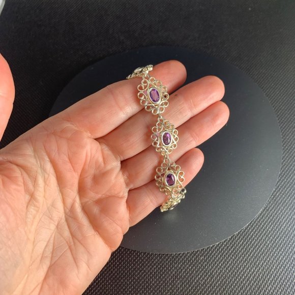Vintage Sterling Silver 925 Amethyst Scroll Link Tennis Bracelet 7.75" Long - Picture 8 of 13